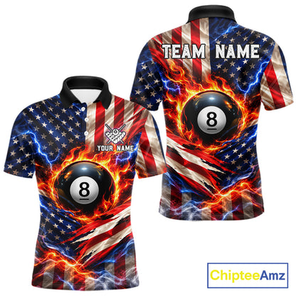 Torn American Flag Mens Billiard Polo 1/4-Zip Shirt Personalized 8 Ball Fire Billiard Team Apparel NYN4767