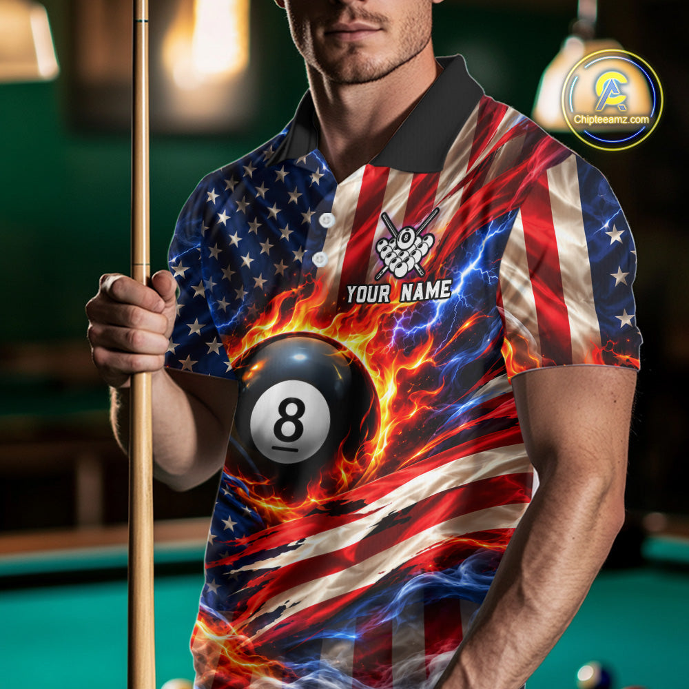 Torn American Flag Mens Billiard Polo 1/4-Zip Shirt Personalized 8 Ball Fire Billiard Team Apparel NYN4767