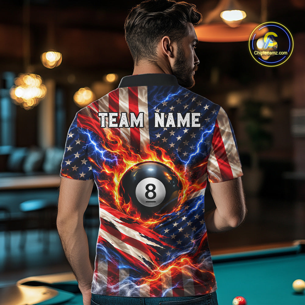 Torn American Flag Mens Billiard Polo 1/4-Zip Shirt Personalized 8 Ball Fire Billiard Team Apparel NYN4767