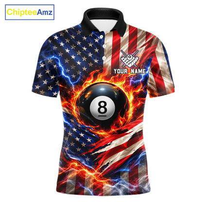 Torn American Flag Mens Billiard Polo 1/4-Zip Shirt Personalized 8 Ball Fire Billiard Team Apparel NYN4767