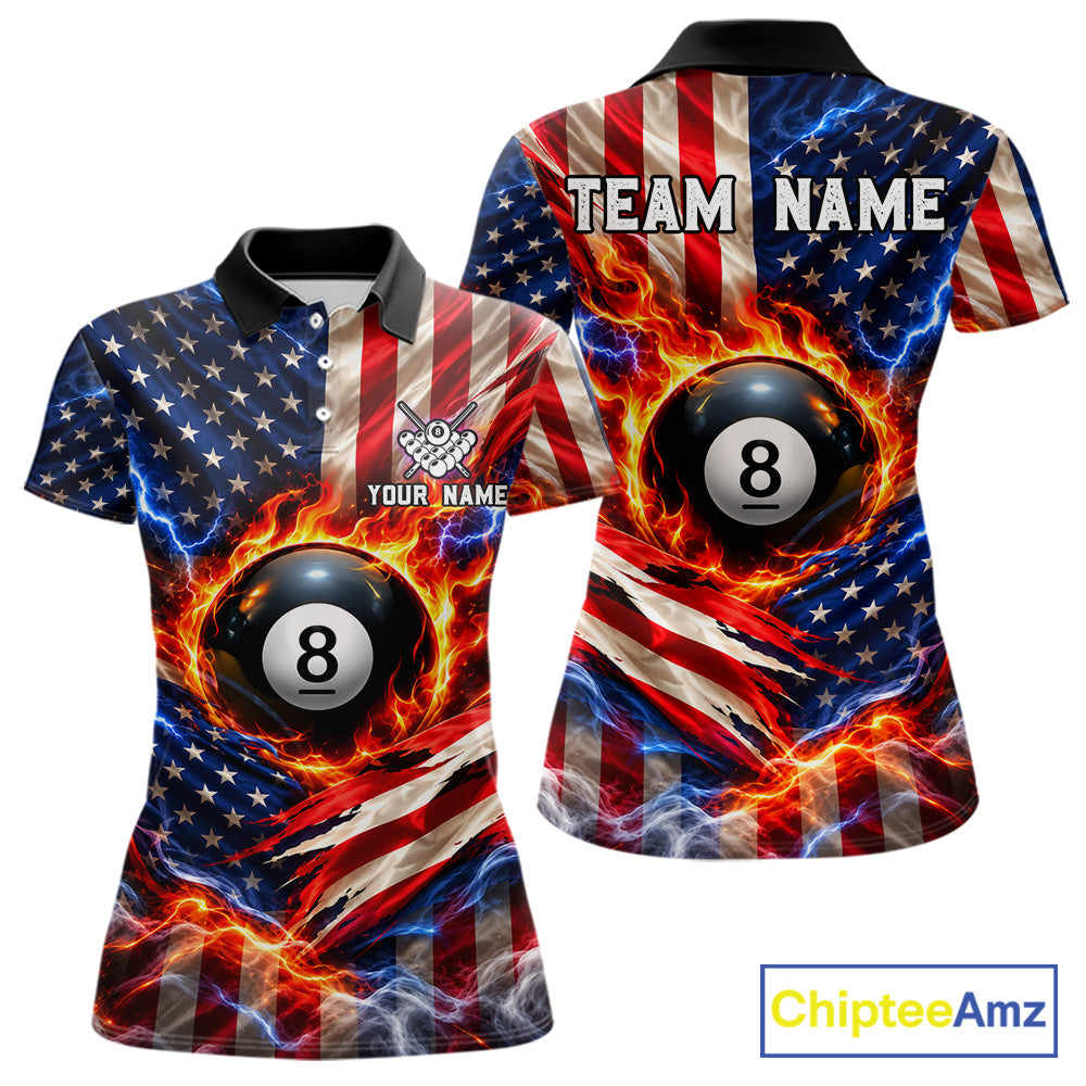 Torn American Flag Women Billiard Polo 1/4-Zip Shirt Personalized 8 Ball Fire Billiard Team Apparel NYN4767