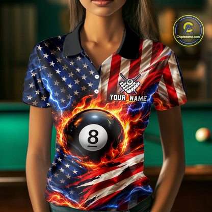 Torn American Flag Women Billiard Polo 1/4-Zip Shirt Personalized 8 Ball Fire Billiard Team Apparel NYN4767