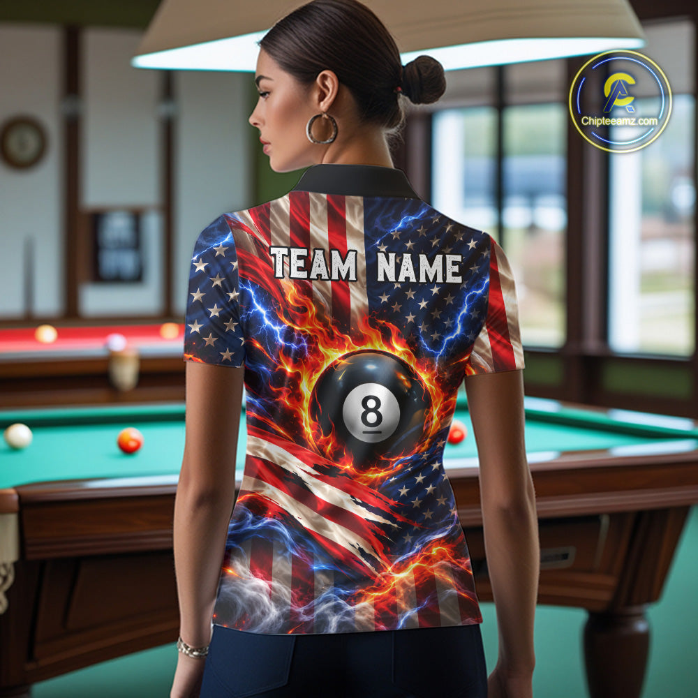 Torn American Flag Women Billiard Polo 1/4-Zip Shirt Personalized 8 Ball Fire Billiard Team Apparel NYN4767