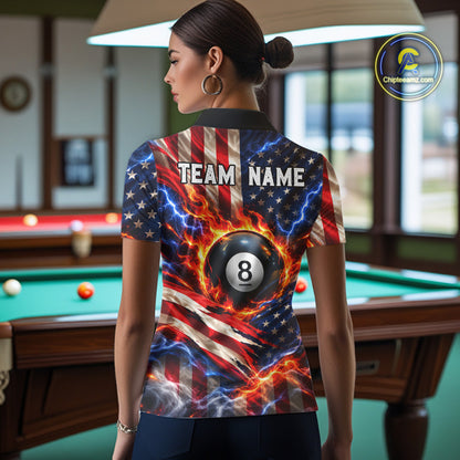 Torn American Flag Women Billiard Polo 1/4-Zip Shirt Personalized 8 Ball Fire Billiard Team Apparel NYN4767