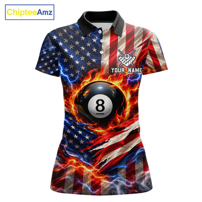 Torn American Flag Women Billiard Polo 1/4-Zip Shirt Personalized 8 Ball Fire Billiard Team Apparel NYN4767