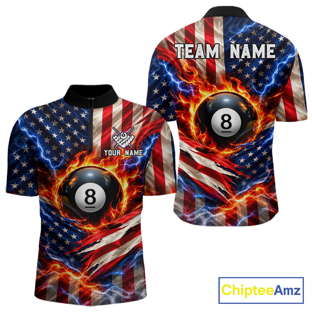 Torn American Flag Mens Billiard Polo 1/4-Zip Shirt Personalized 8 Ball Fire Billiard Team Apparel NYN4767