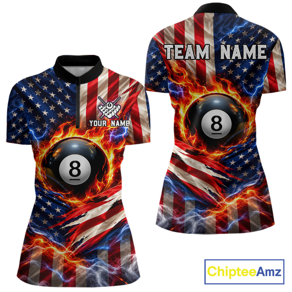 Torn American Flag Women Billiard Polo 1/4-Zip Shirt Personalized 8 Ball Fire Billiard Team Apparel NYN4767