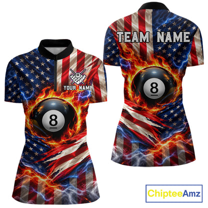 Torn American Flag Women Billiard Polo 1/4-Zip Shirt Personalized 8 Ball Fire Billiard Team Apparel NYN4767