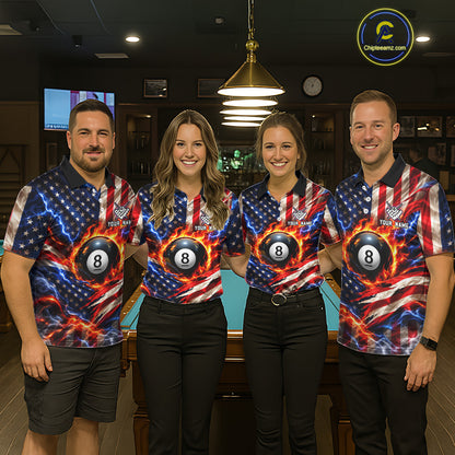 Torn American Flag Mens Billiard Polo 1/4-Zip Shirt Personalized 8 Ball Fire Billiard Team Apparel NYN4767