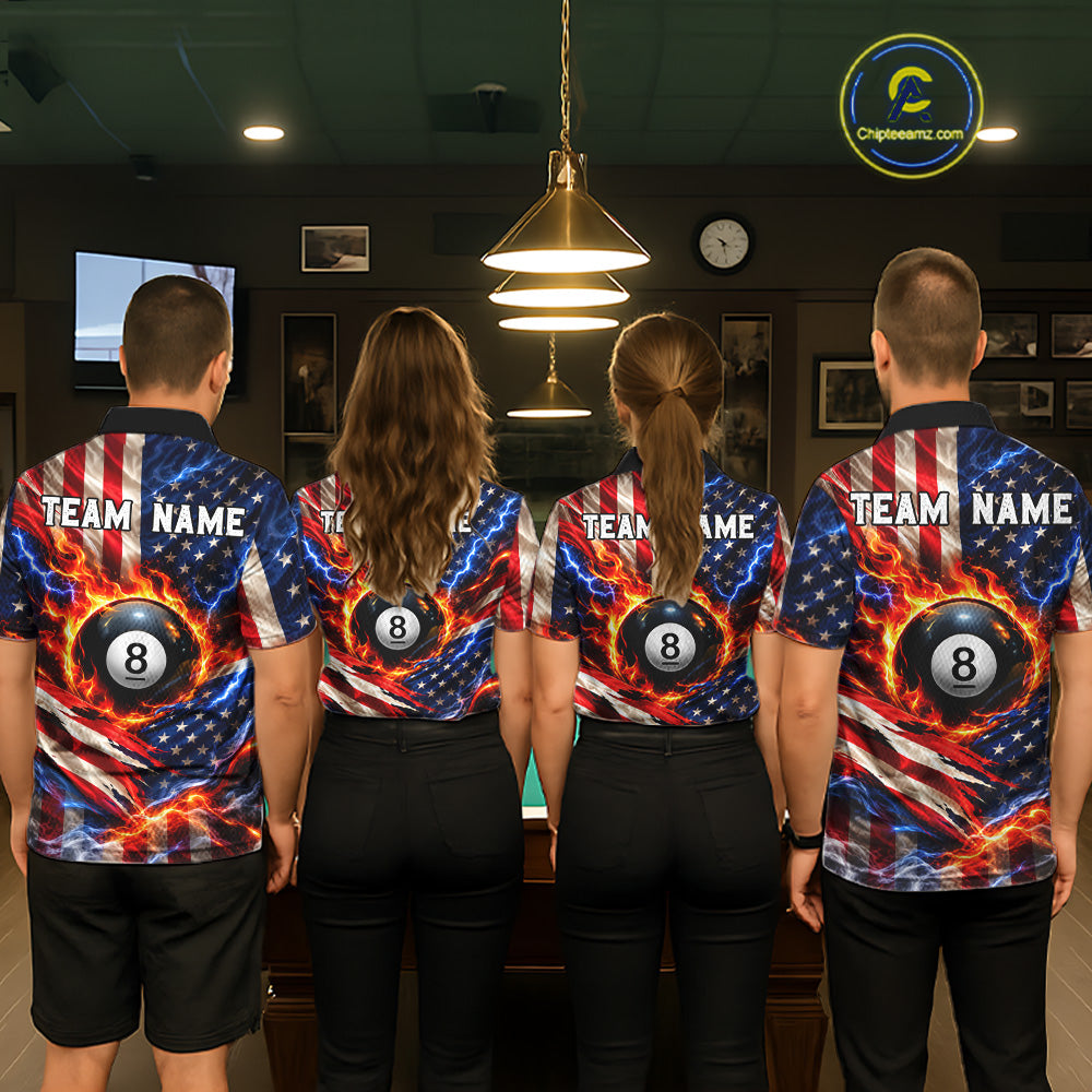 Torn American Flag Mens Billiard Polo 1/4-Zip Shirt Personalized 8 Ball Fire Billiard Team Apparel NYN4767