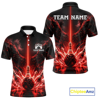 Custom Red Fire Wings Bowling Polo 1/4-Zip Shirt Personalized Flaming Strike Bowling Jersey For Men NYN4769