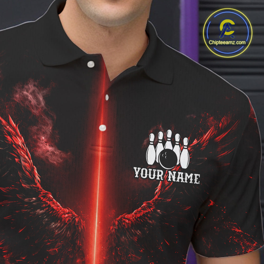 Custom Red Fire Wings Bowling Polo 1/4-Zip Shirt Personalized Flaming Strike Bowling Jersey For Men NYN4769