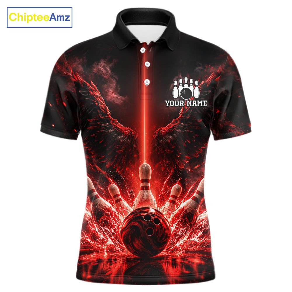 Custom Red Fire Wings Bowling Polo 1/4-Zip Shirt Personalized Flaming Strike Bowling Jersey For Men NYN4769