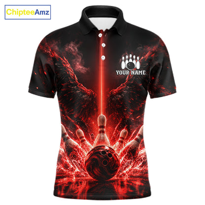 Custom Red Fire Wings Bowling Polo 1/4-Zip Shirt Personalized Flaming Strike Bowling Jersey For Men NYN4769
