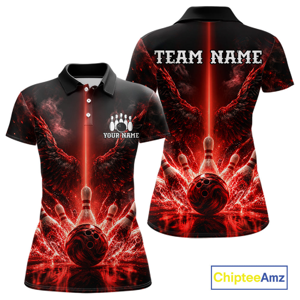 Custom Red Fire Wings Bowling Polo 1/4-Zip Shirt Personalized Flaming Strike Bowling Jersey For Women NYN4769