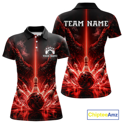 Custom Red Fire Wings Bowling Polo 1/4-Zip Shirt Personalized Flaming Strike Bowling Jersey For Women NYN4769