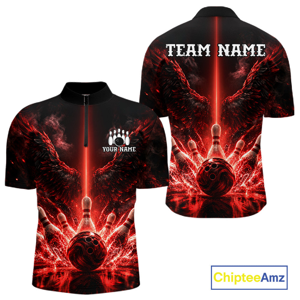 Custom Red Fire Wings Bowling Polo 1/4-Zip Shirt Personalized Flaming Strike Bowling Jersey For Men NYN4769
