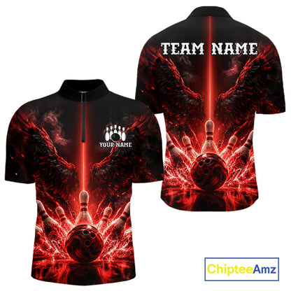 Custom Red Fire Wings Bowling Polo 1/4-Zip Shirt Personalized Flaming Strike Bowling Jersey For Men NYN4769