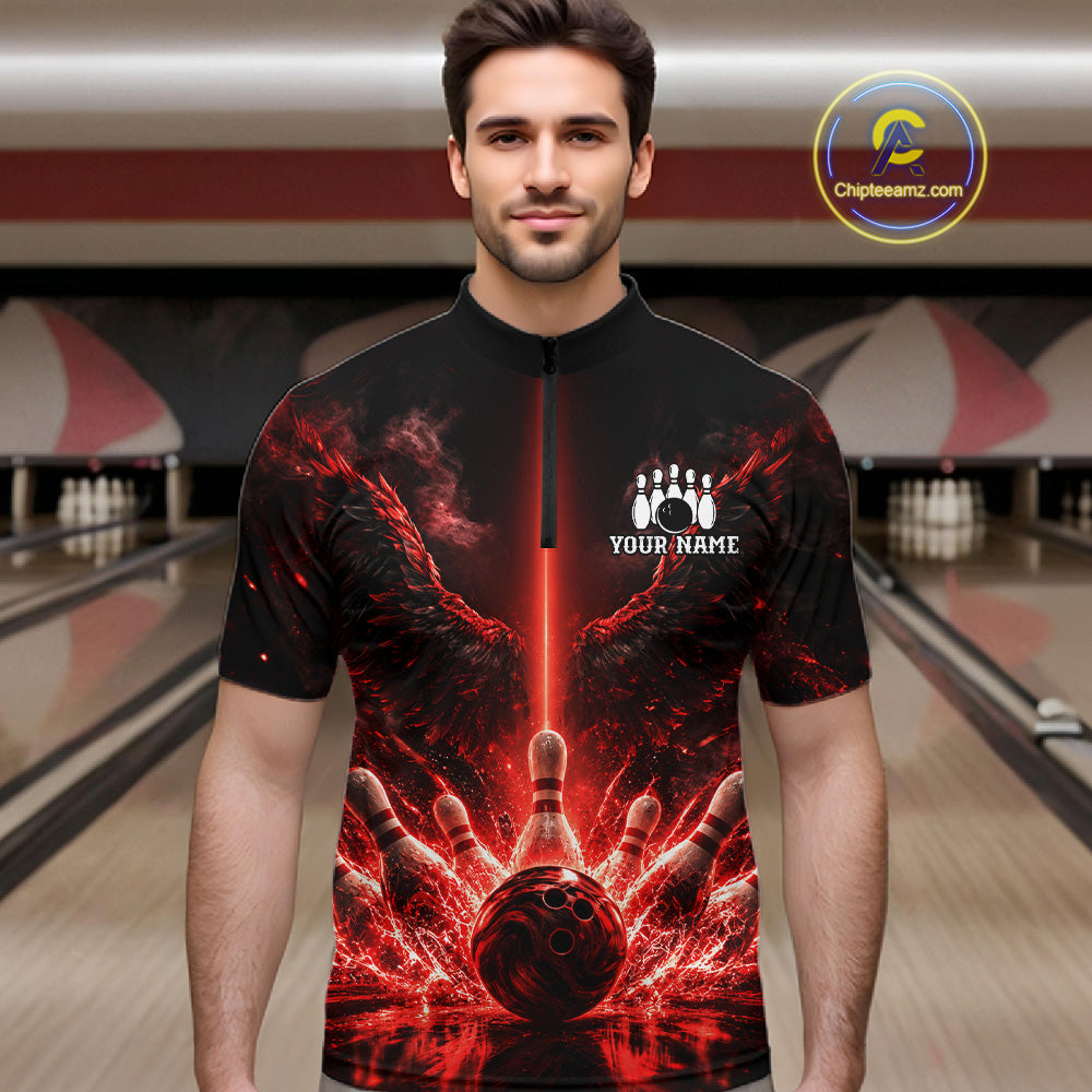 Custom Red Fire Wings Bowling Polo 1/4-Zip Shirt Personalized Flaming Strike Bowling Jersey For Men NYN4769