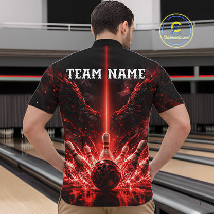 Custom Red Fire Wings Bowling Polo 1/4-Zip Shirt Personalized Flaming Strike Bowling Jersey For Men NYN4769