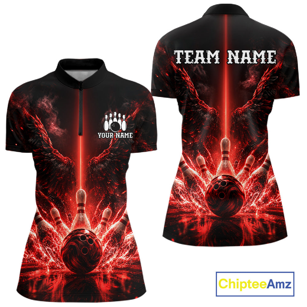 Custom Red Fire Wings Bowling Polo 1/4-Zip Shirt Personalized Flaming Strike Bowling Jersey For Women NYN4769