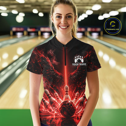 Custom Red Fire Wings Bowling Polo 1/4-Zip Shirt Personalized Flaming Strike Bowling Jersey For Women NYN4769