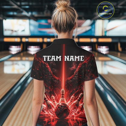 Custom Red Fire Wings Bowling Polo 1/4-Zip Shirt Personalized Flaming Strike Bowling Jersey For Women NYN4769