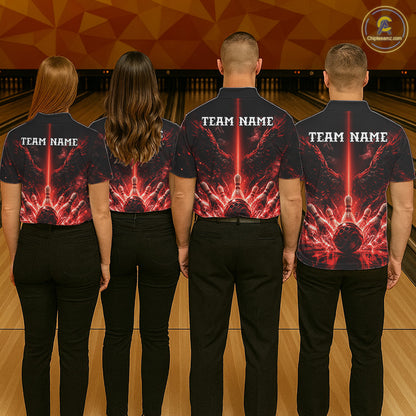 Custom Red Fire Wings Bowling Polo 1/4-Zip Shirt Personalized Flaming Strike Bowling Jersey For Men NYN4769