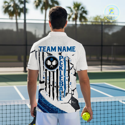 Custom White Grunge Blue Patriotic Pickleball League Jerseys Men US Flag Pickleball Shirts NYN2153
