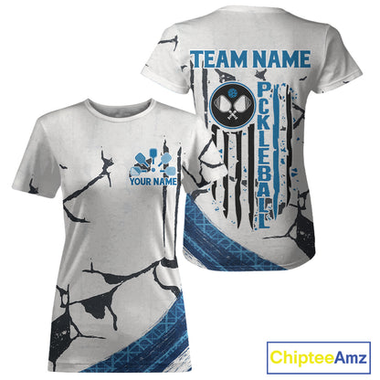 Custom White Grunge Blue Patriotic Pickleball League Jerseys Women US Flag Pickleball Shirts NYN2153