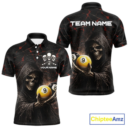 Red Grunge Grim Reaper Hold 8 Ball & 9 Ball Pool Men Billiard Shirt Custom Billiard Team Attire NYN2639