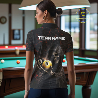 Red Grunge Grim Reaper Hold 8 Ball & 9 Ball Pool Women Billiard Shirt Custom Billiard Team Attire NYN2639