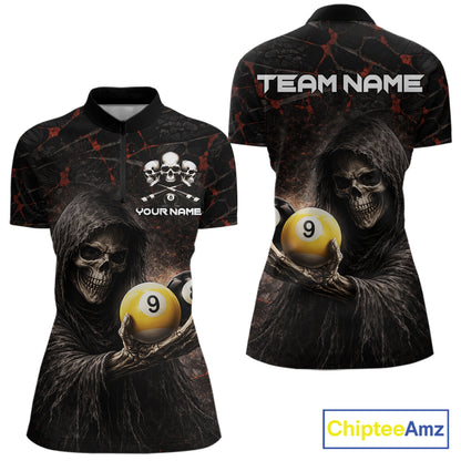 Red Grunge Grim Reaper Hold 8 Ball & 9 Ball Pool Women Billiard Shirt Custom Billiard Team Attire NYN2639