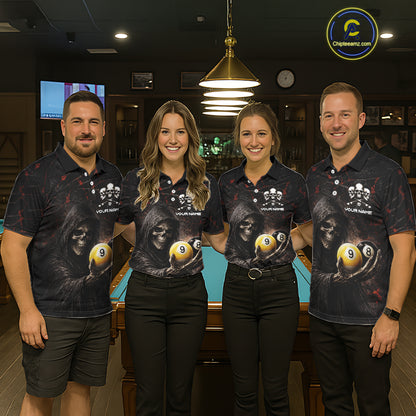 Red Grunge Grim Reaper Hold 8 Ball & 9 Ball Pool Women Billiard Shirt Custom Billiard Team Attire NYN2639
