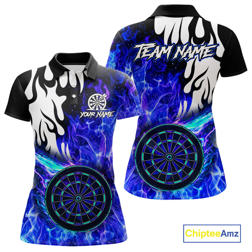 Custom Blue Flaming Dartboard Darts Polo & 1/4-Zip Shirts For Women Fire Dart Team Jerseys NYN2804