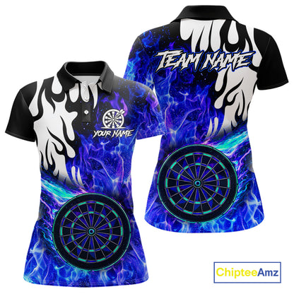 Custom Blue Flaming Dartboard Darts Polo & 1/4-Zip Shirts For Women Fire Dart Team Jerseys NYN2804