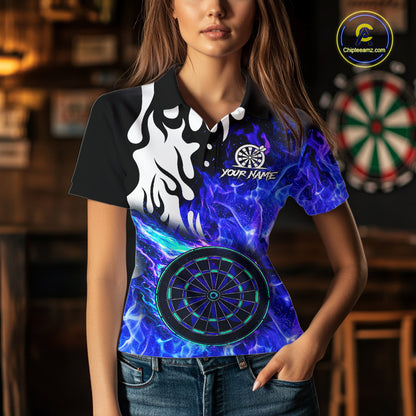Custom Blue Flaming Dartboard Darts Polo & 1/4-Zip Shirts For Women Fire Dart Team Jerseys NYN2804