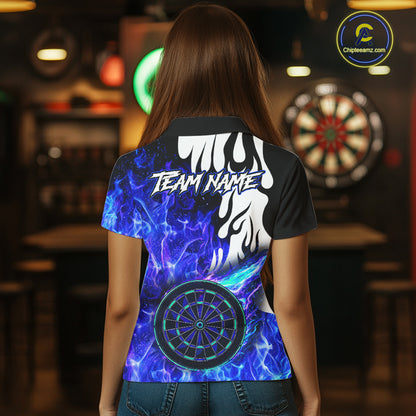 Custom Blue Flaming Dartboard Darts Polo & 1/4-Zip Shirts For Women Fire Dart Team Jerseys NYN2804