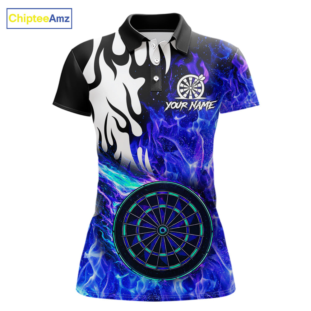 Custom Blue Flaming Dartboard Darts Polo & 1/4-Zip Shirts For Women Fire Dart Team Jerseys NYN2804