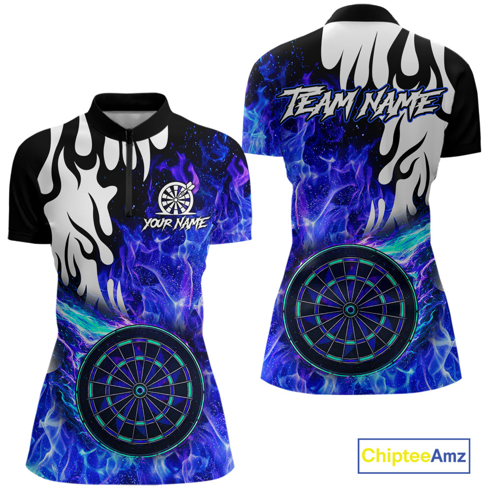 Custom Blue Flaming Dartboard Darts Polo & 1/4-Zip Shirts For Women Fire Dart Team Jerseys NYN2804