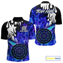 Load image into Gallery viewer, Custom Blue Flaming Dartboard Darts Polo &amp; 1/4-Zip Shirts For Men Fire Dart Team Jerseys NYN2804