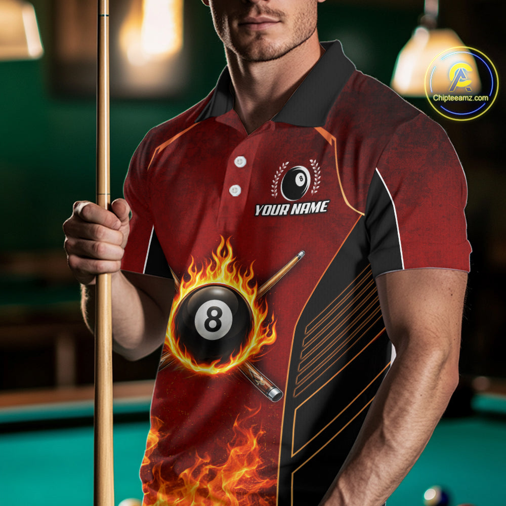 Red Billiard 8 Ball Cue Shirts For Men Custom Fire Flame Pool Team Billiard Polo & 1/4 Zip Jerseys NYN3016