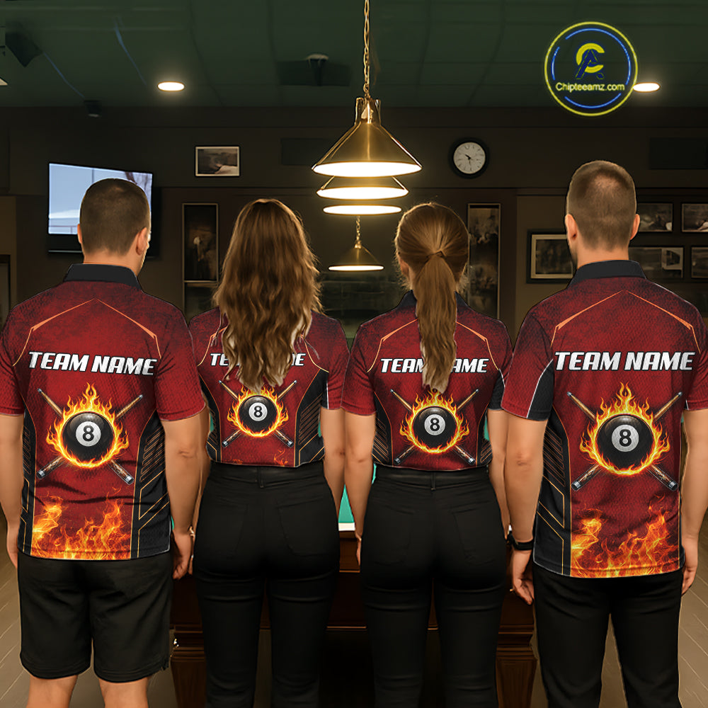 Red Billiard 8 Ball Cue Shirts For Women Custom Fire Flame Pool Team Billiard Polo & 1/4 Zip Jerseys NYN3016