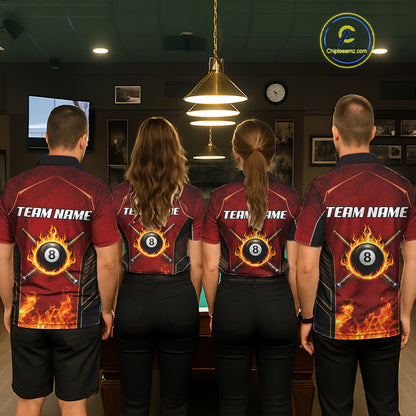 Red Billiard 8 Ball Cue Shirts For Women Custom Fire Flame Pool Team Billiard Polo & 1/4 Zip Jerseys NYN3016