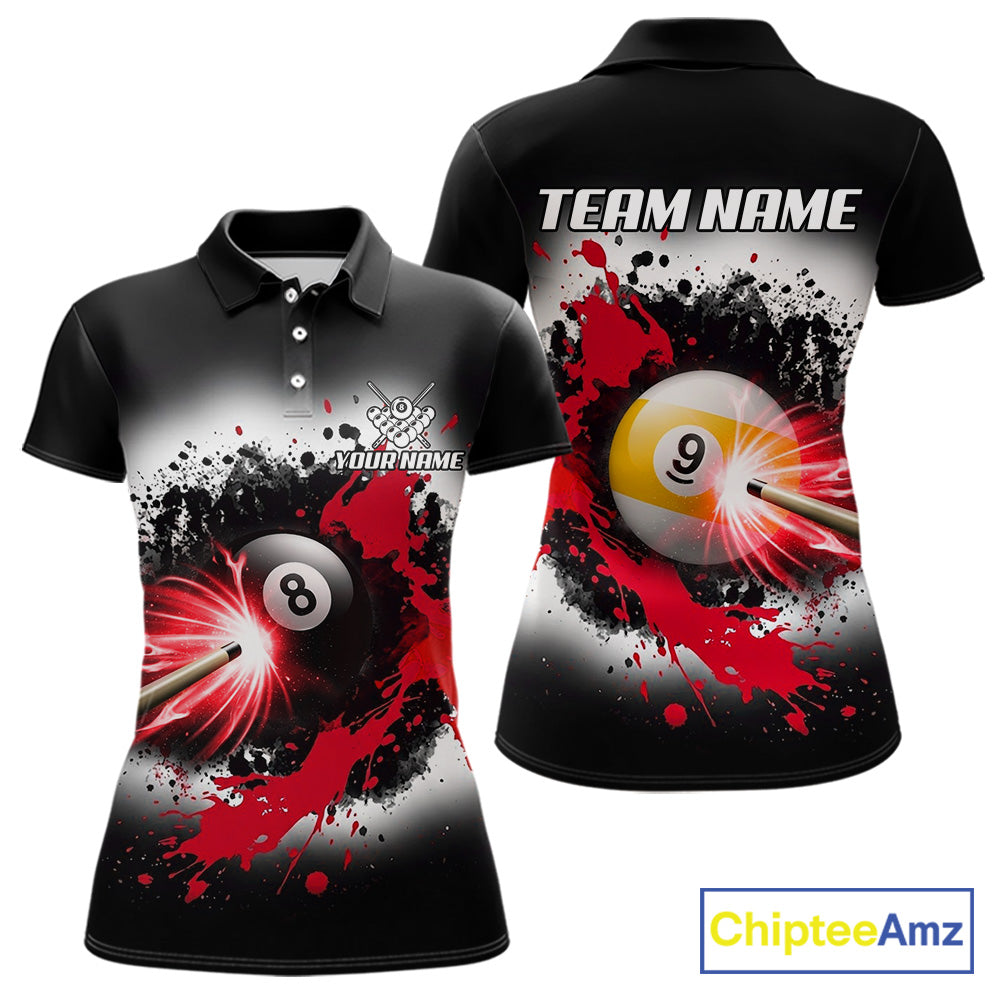 Lightning red billiard 8 ball and 9 ball shirt for women custom grunge pool team jersey