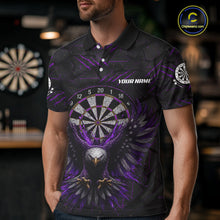 Load image into Gallery viewer, Male model wearing Purple Grunge Eagle Darts Polo, Custom Tournament Jersey, Personalized Dart Team Uniform