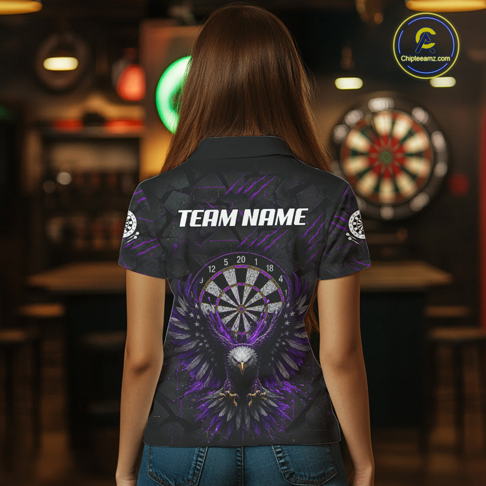 Female model wearing Purple Grunge Eagle Custom Dart Polo, Personalized League Shirt, Professional Tournament Apparel
