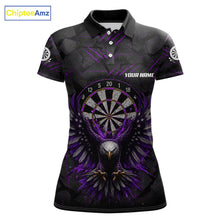 Load image into Gallery viewer, Purple Grunge Eagle Women's Darts Polo Shirt Mockup, Custom Eagle Dartboard Tournament Jersey, Personalized Dart Team Apparel