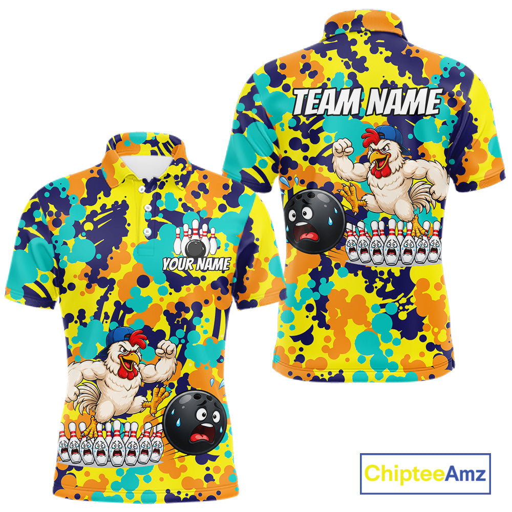 Custom Funny Rooster Dots Colorful Bowling Jersey For Men Bowling Polo & 1/4 Zip Bowling Team Shirt NYN4378