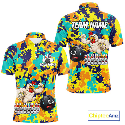 Custom Funny Rooster Dots Colorful Bowling Jersey For Men Bowling Polo & 1/4 Zip Bowling Team Shirt NYN4378